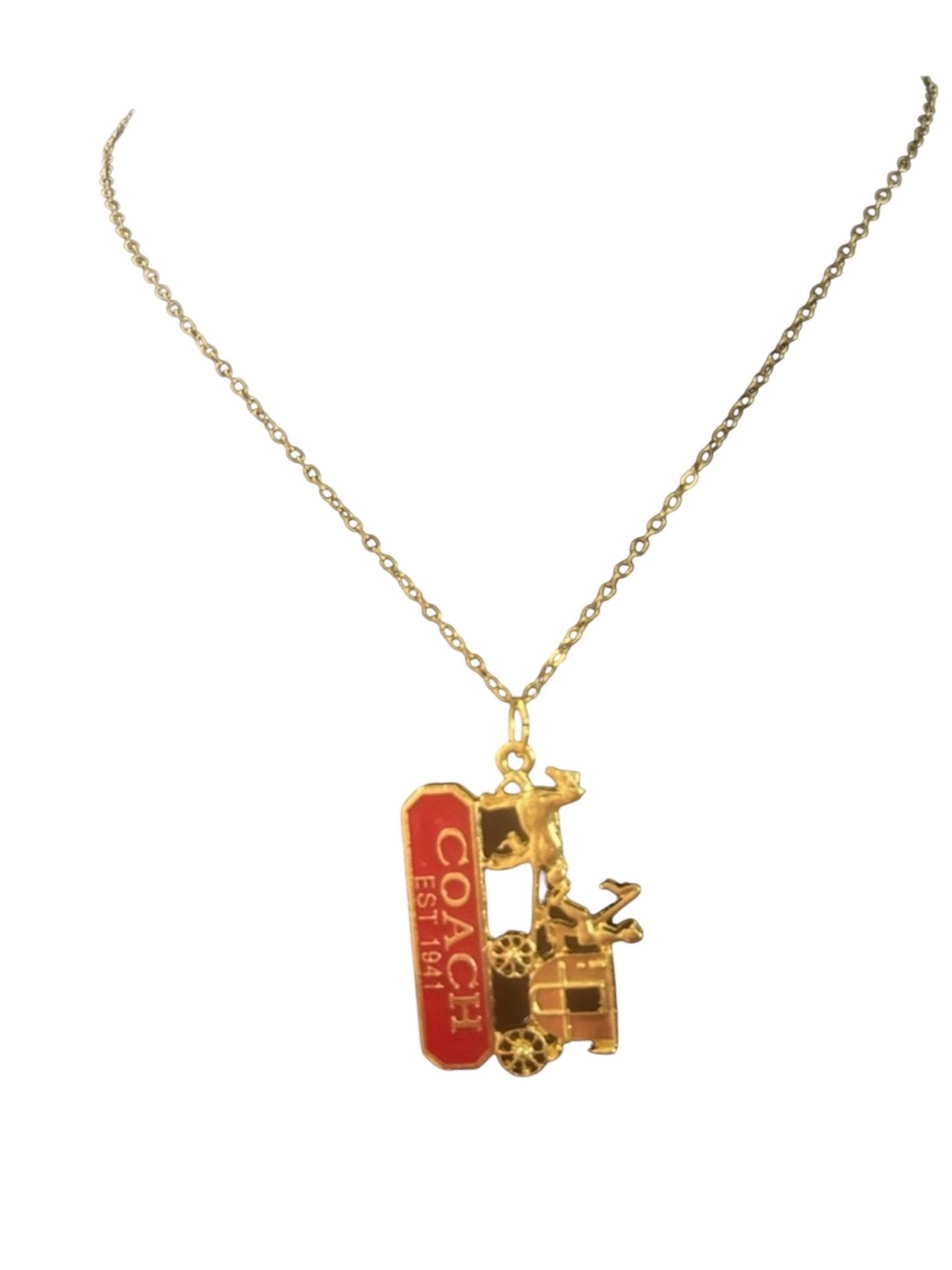 COACH Gold and Red Carriage Logo Pendant Necklace - Picture 6 of 9